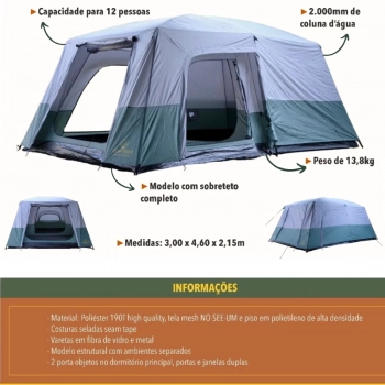 Kit Barraca Camping 12 Pessoas Family Titan Coluna D gua 2000mm Guepardo + 3 Sacos de Dormir Solteiro