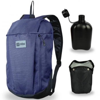 Kit Bolsa para Caminhada Azul Ioio Ntk + Cantil de Alumnio Nautika 900 Ml Preto para Camping