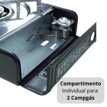 Kit Fogareiro a Gs Etna Porttil 2 Bocas Horizontal Ao Inox Ntk + 2 Campgs Viagem Camping Pesca