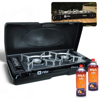 Kit Fogareiro Etna Porttil 2 Bocas Horizontal Ao Inox Ntk + 2 Cartuchos de Gs Kala Viagem Camping Pesca