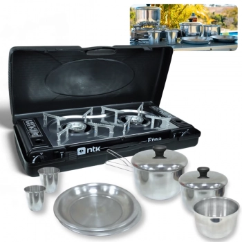 Kit Fogareiro a Gs Etna 2 Bocas Horizontal Ao Inox + Jogo de Panelas Ntk 8 Peas Gourmet Camping Pesca