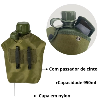 Cantil Plstico 950 Ml Camping Trilha com Capa Verde Militar Guepardo