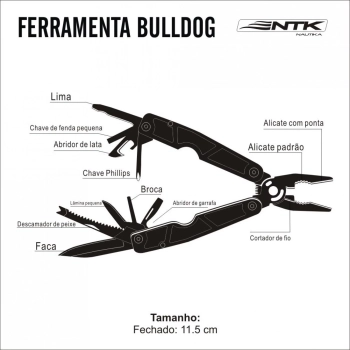 Ferramenta Alicate Multiuso com 13 Funes Bulldog Ntk em Ao Inox Canivete Camping/ Pesca