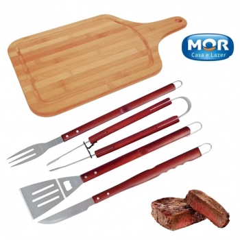 Kit Churrasco 5 Peas Tbua em Bambu com Garfo Faca Esptula e Pegador